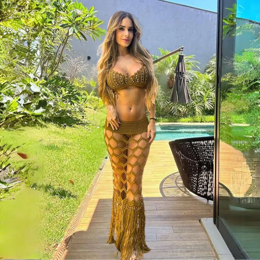 Conjunto em Crochê Top Com Saia Longa Bali