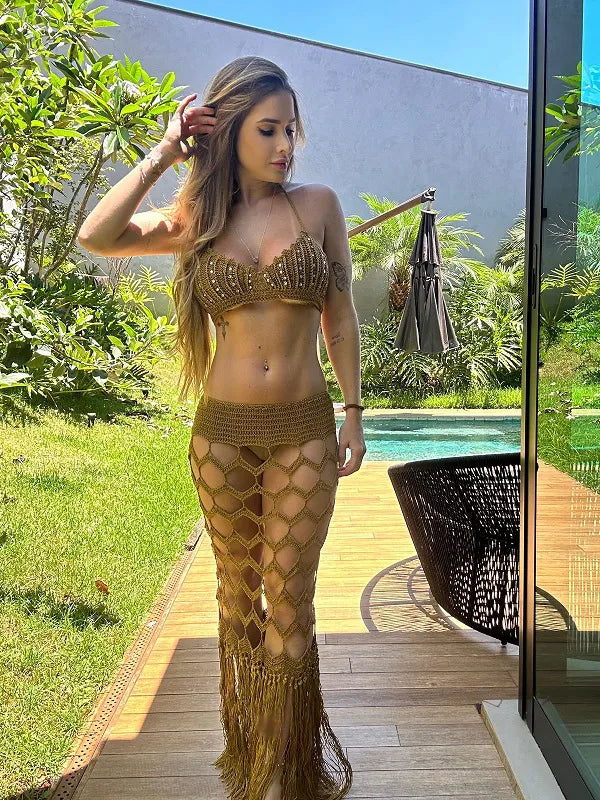 Conjunto em Crochê Top Com Saia Longa Bali