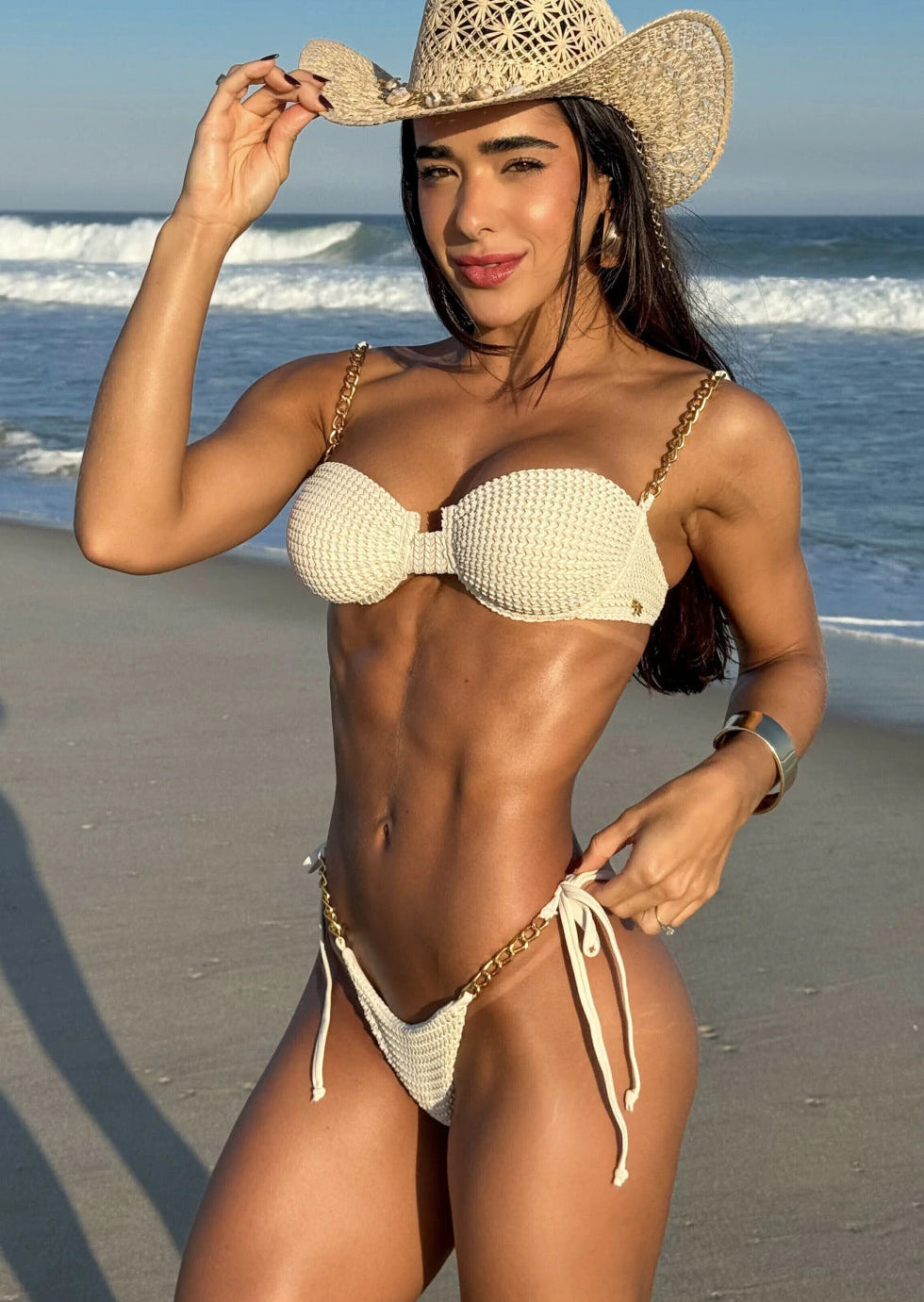 Top Concha Correntes e Tanga Lacinho Macramê Off White Laura