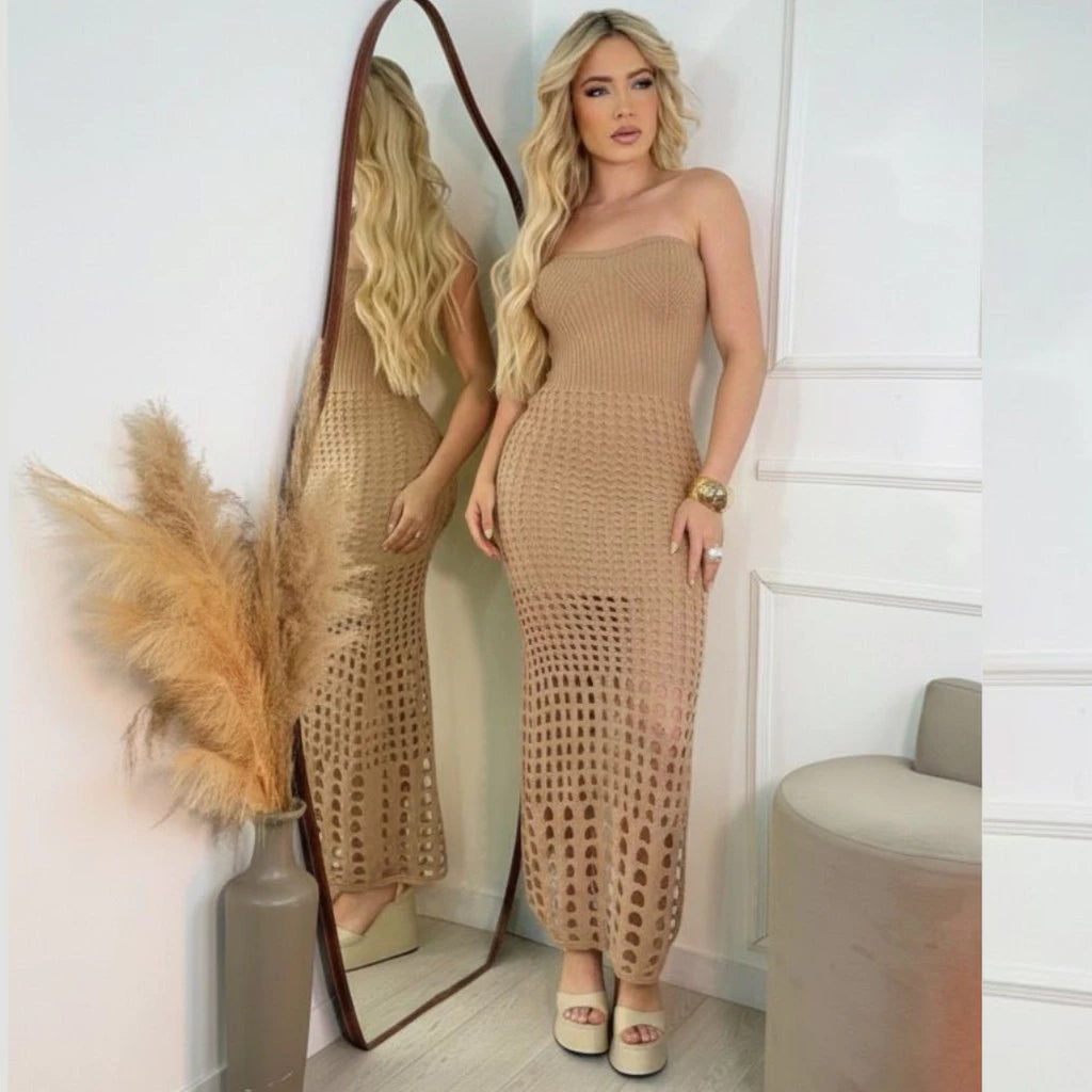 Bella Strapless Midi Dress in Modal Knit with Lace