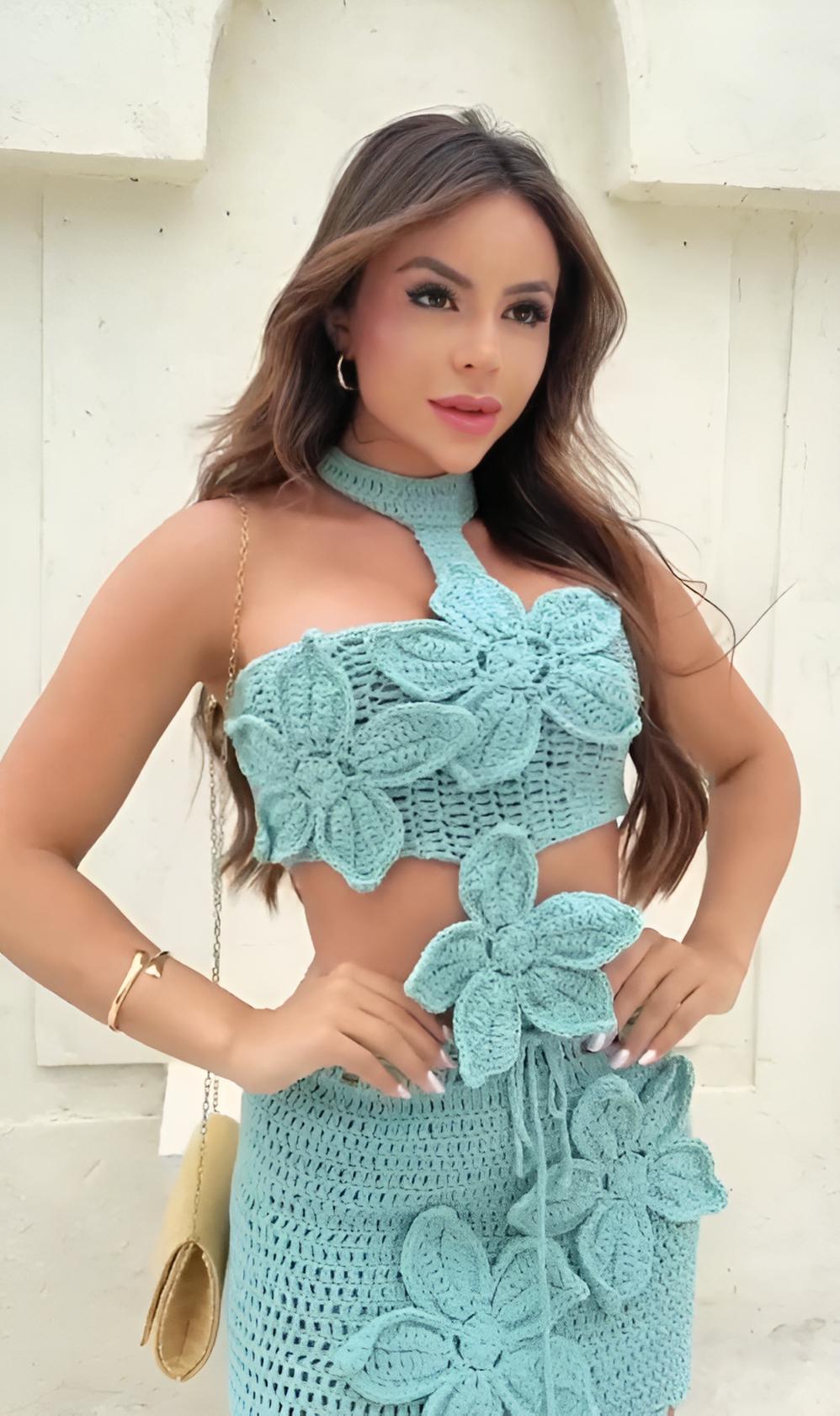 Vestido Floral Verde Menta em Crochê